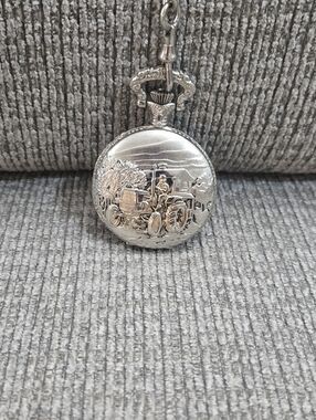 Quartz Pocket Watch Silver Tone Tractor Farmer Case Chain
